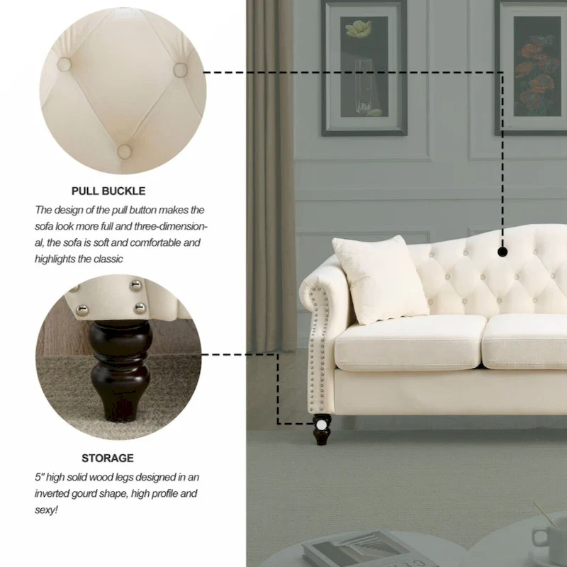 79 Chesterfield Sofa Grey Velvet for Living Room, 3 Seater Sofa Tufted Couch with Rolled Arms and Nailhead