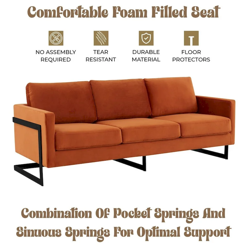 Leisuremod Lincoln 3-Seater Upholstered Velvet Sofa with Black Stainless-Steel Base