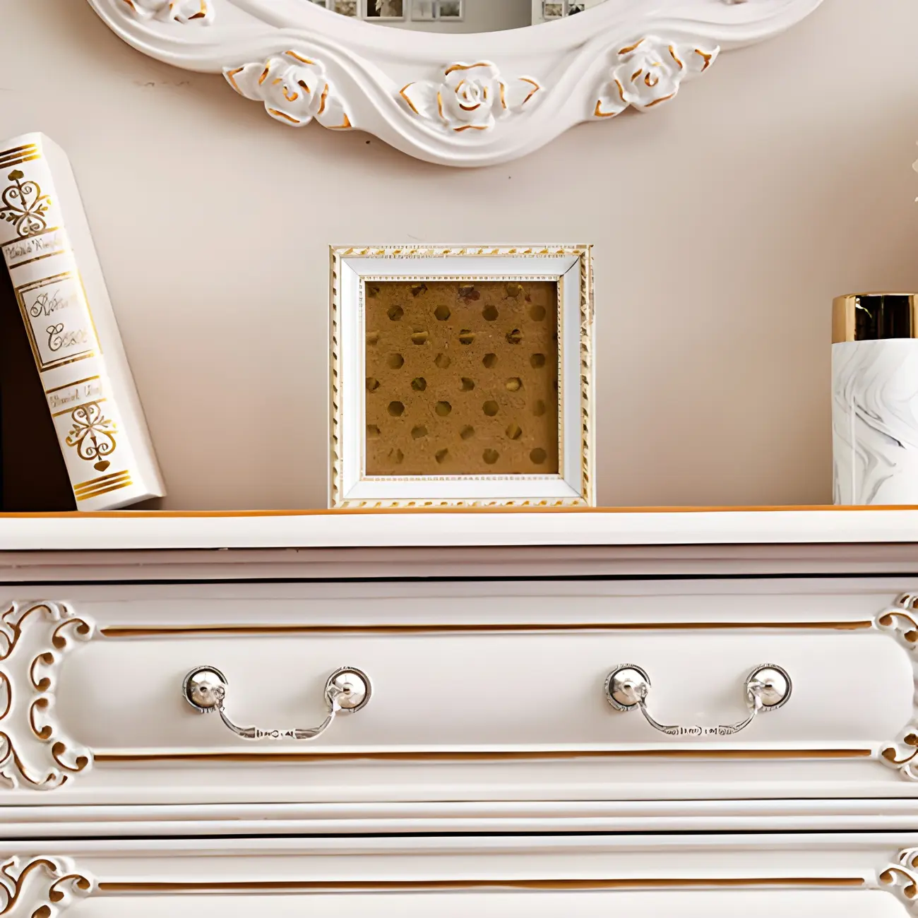 French White Wood Console Table with Drawers in Scratchproof