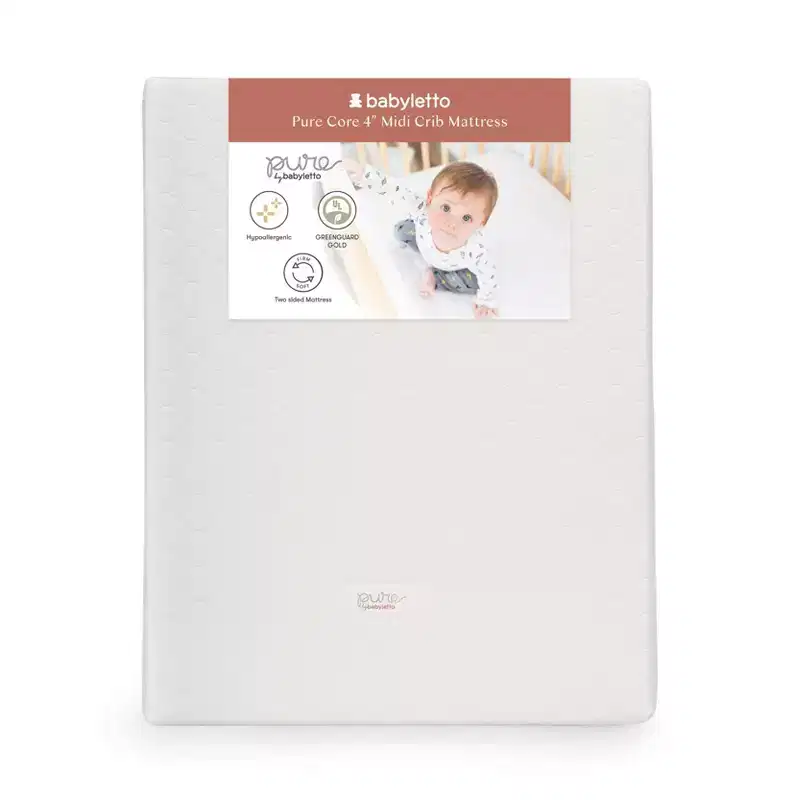 Babyletto Pure Core 4" Midi Crib Mattress with Hybrid Quilted Waterproof Cover: Medium Firm, 100% Organic Cotton, Breathable, Foam