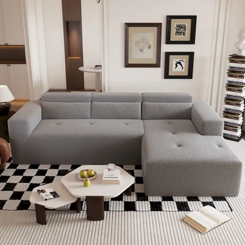 Christopher Knight Home - 109 Modern Modular Sectional Sofa, Teddy Fabric L-Shaped Couch with Chaise & Pillows