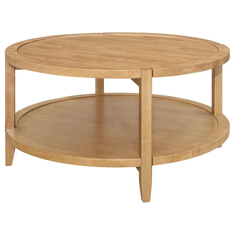 Camilia Coffee Table, 1 Shelf, Round Maple Brown Solid Wood, 36 Inch
