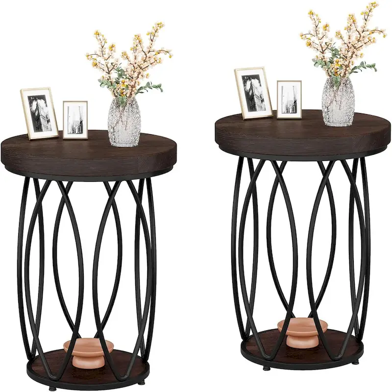 Industrial Round Side Table, Small End Table with Metal Frame