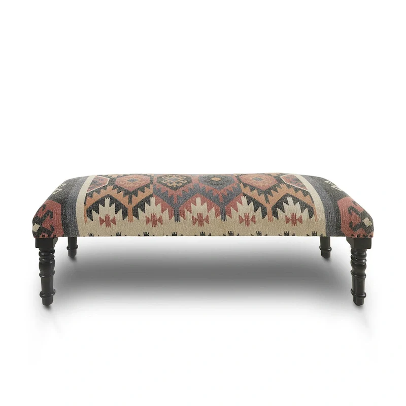 HomeRoots 47 Beige Brown and Rust and Black Jute and Wool Blend Upholstered Southwest Distressed Bench - 47 x 18 x 16