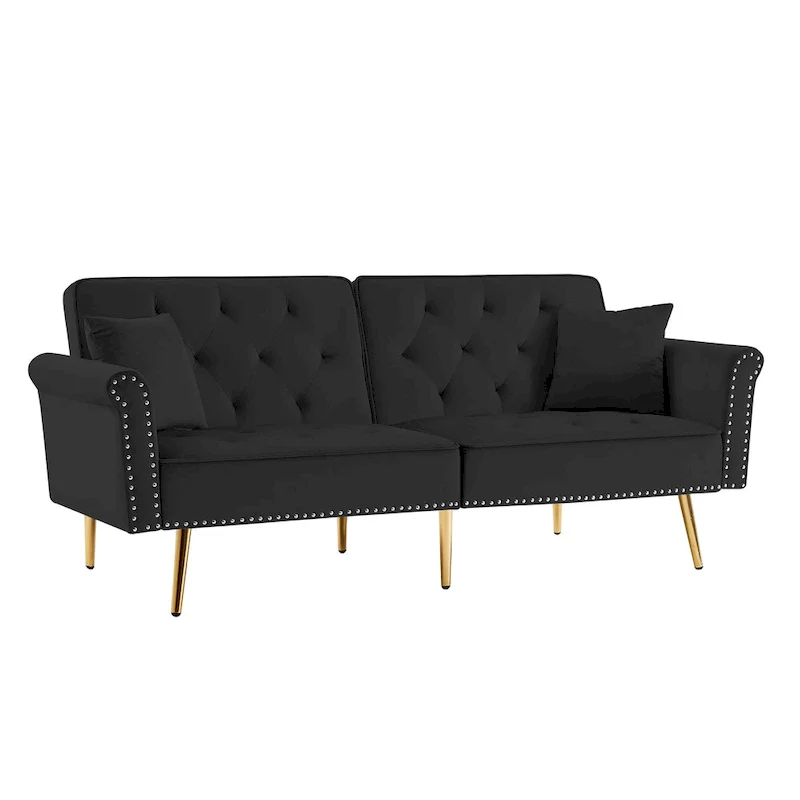 Velvet Tufted Sofa Couch with 2 Pillows and Nailhead Trim