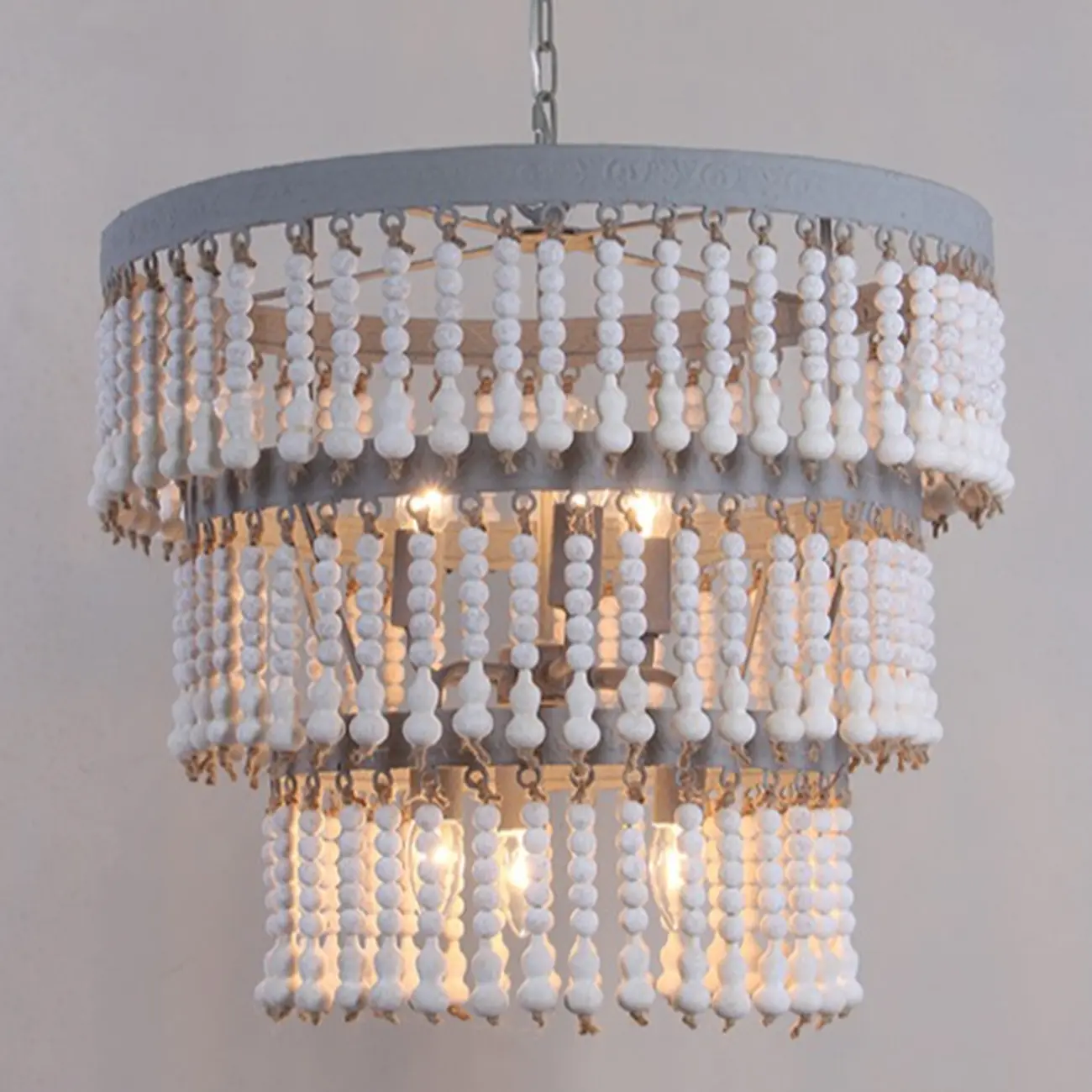3 Tiers White Wood Beaded Chandelier with Elegant Design