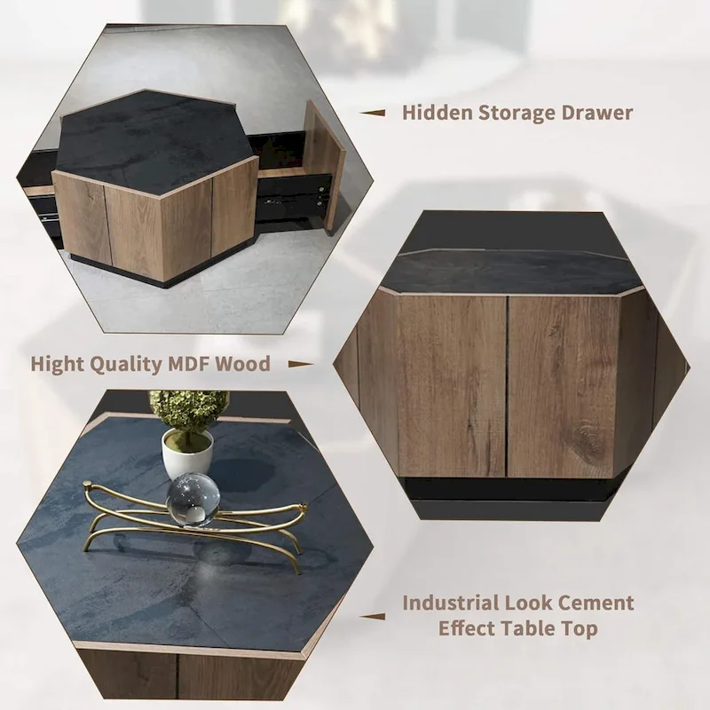 Hexagonal Coffee Table, Scratch Resistant Center Table with Drawers