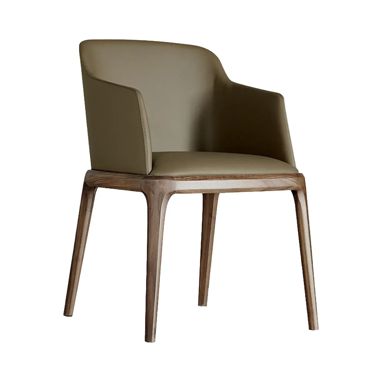 Khaki Leather Wood Legs Armrest Dining Chair