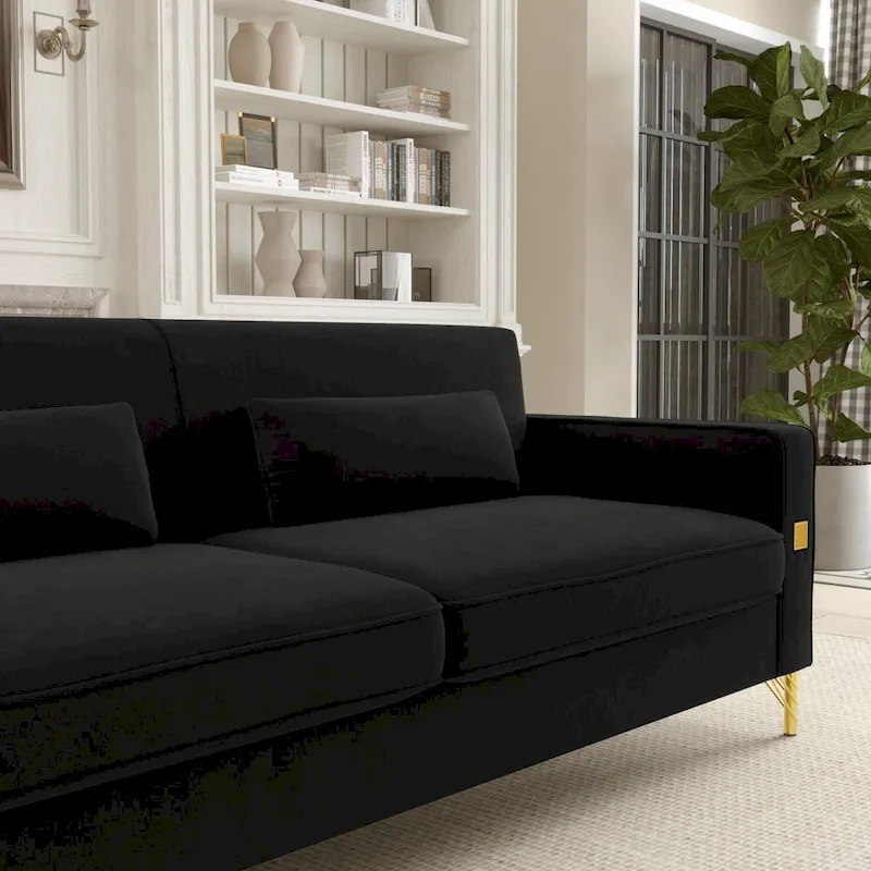 Black 85.63 Velvet 3-Seater Sofa with Gold Accents