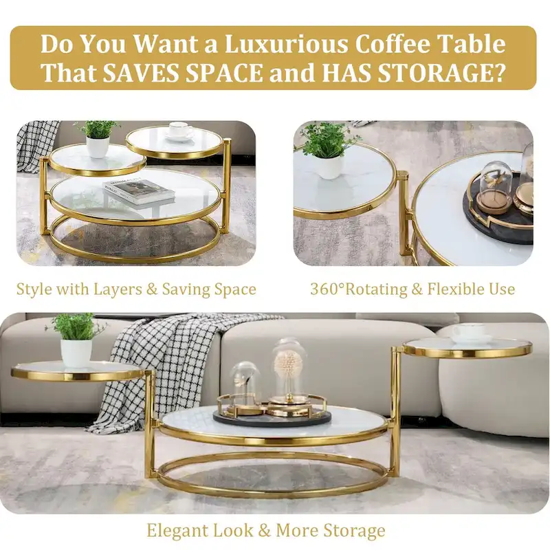 Round Tempered Glass Coffee Table with 3 Tiers 360 Degrees Rotating Top