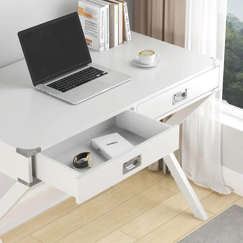 Computer Desk with Drawers, MDF Top & Solid Wood Legs, 42