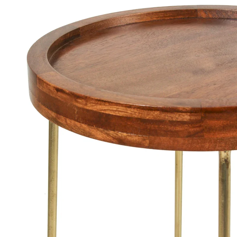 Gold Iron And Natural Wood Round Accent Table by