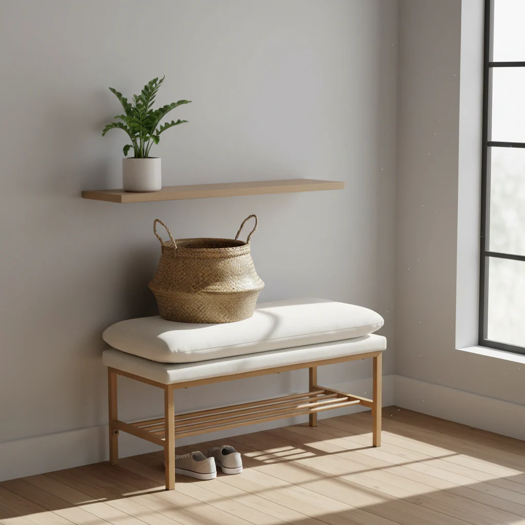 End of Bed Bench with Shelf, Linen Upholstered Storage Shoe Bench,Bedroom Bench with Metal Legs,300 LB