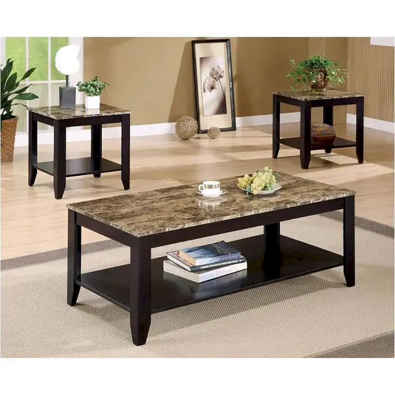 3 Piece Table Set With Marble Top, Walnut