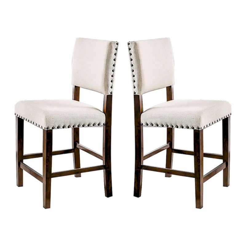 Set of 2 Linen Upholstered Dining Chairs with Nailhead Trim in Brown Cherry and Ivory