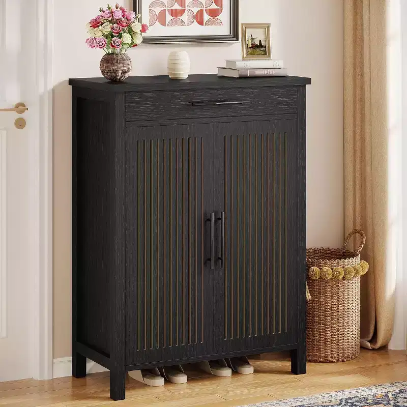 Lantine 5-Tier Shoe Storage Cabinet with Louvered Doors and Drawer, Shoe Rack Organizer with Adjustable Shelves for Entryway, Hallway, Closet, Black