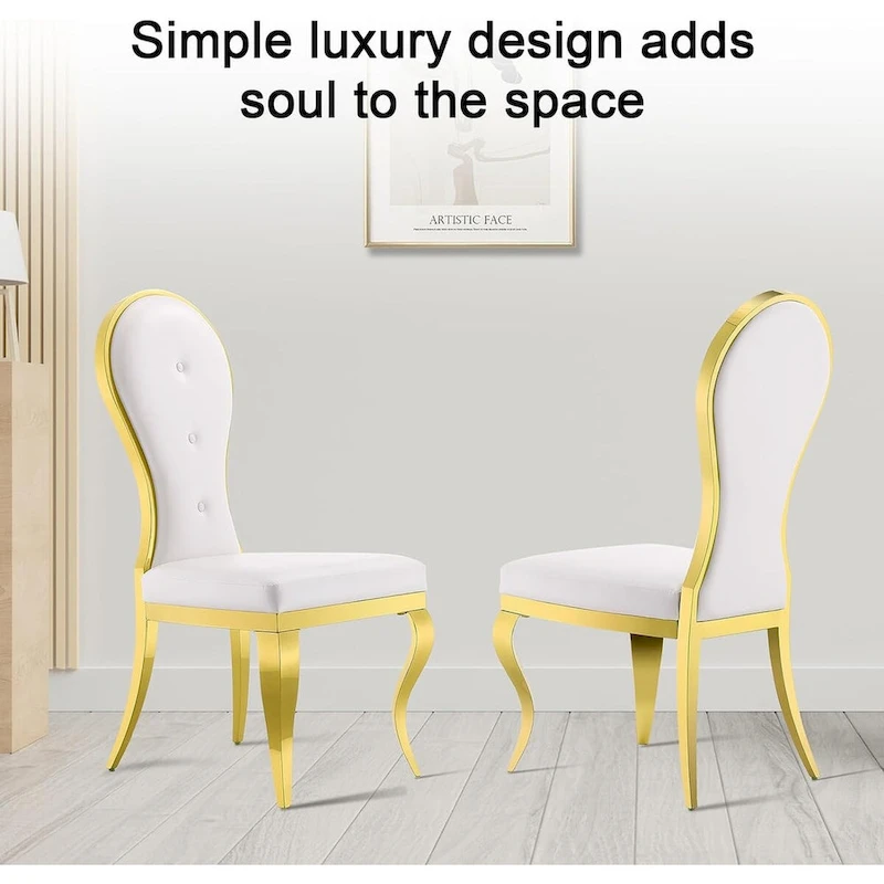Modern Luxurious White Leather Dining Chairs with Polished Gold Stainless Steel Legs
