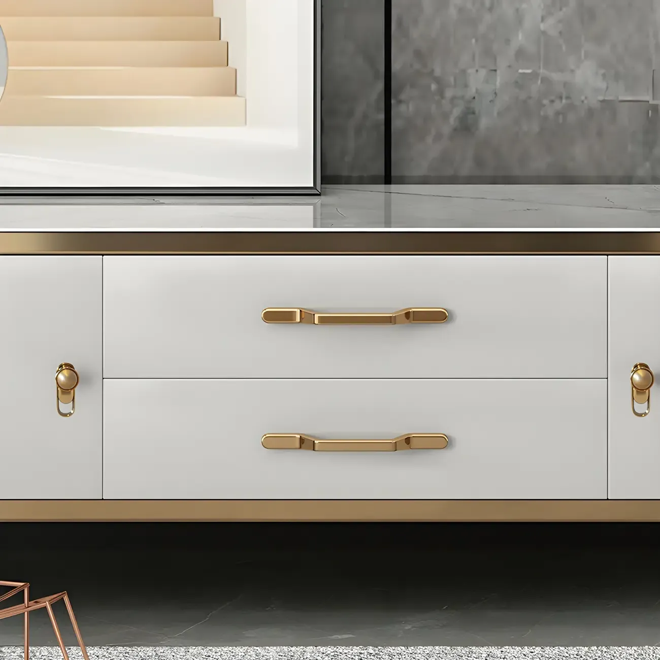 71 White Stone Fluted Panels Gold Trim TV Stand with Cabinet