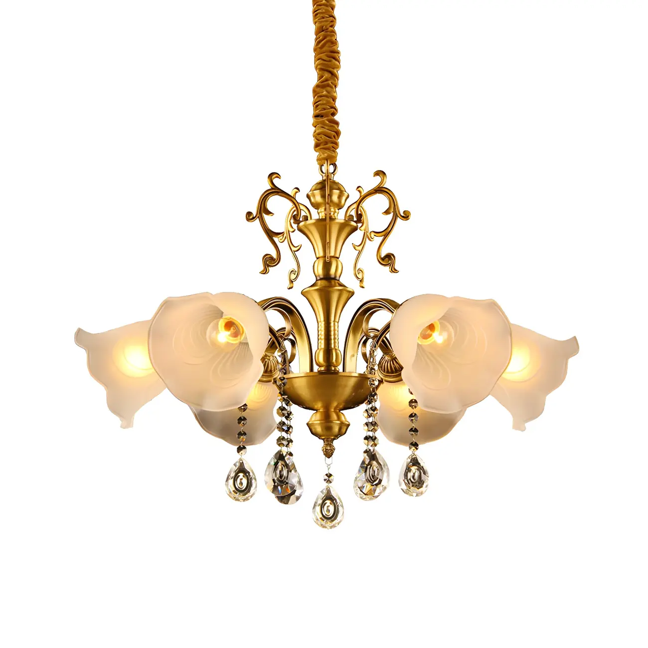 Gold Crystal Pendant Frosted Flower Glass Chandelier