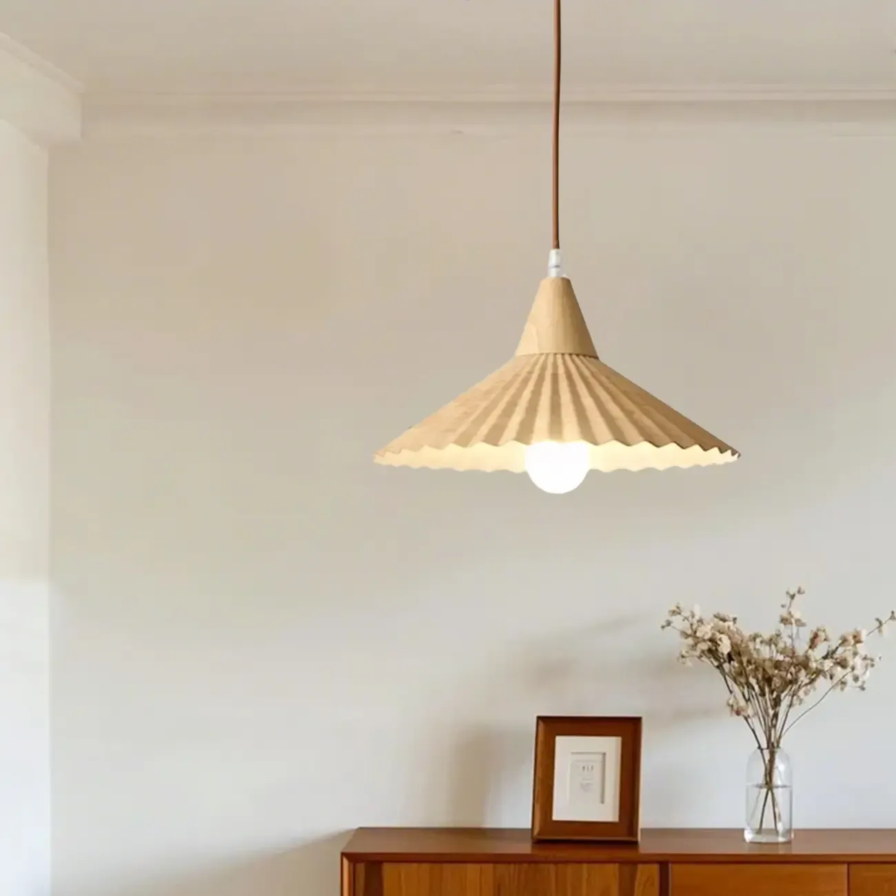 Modern Walnut Pleated Cone Pendant Light