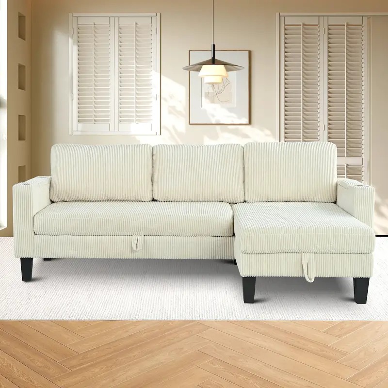 Christopher Knight Home - Reversible Fabric Sleeper L-Shaped Sectional Sofa with Storage Chaise, USB Ports & Cup Holders