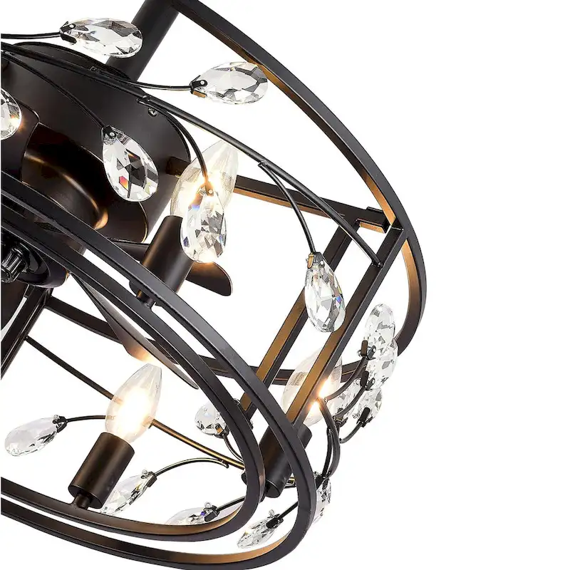 20-In Black Crystal Caged Ceiling Fan with Light Remote-6 Light