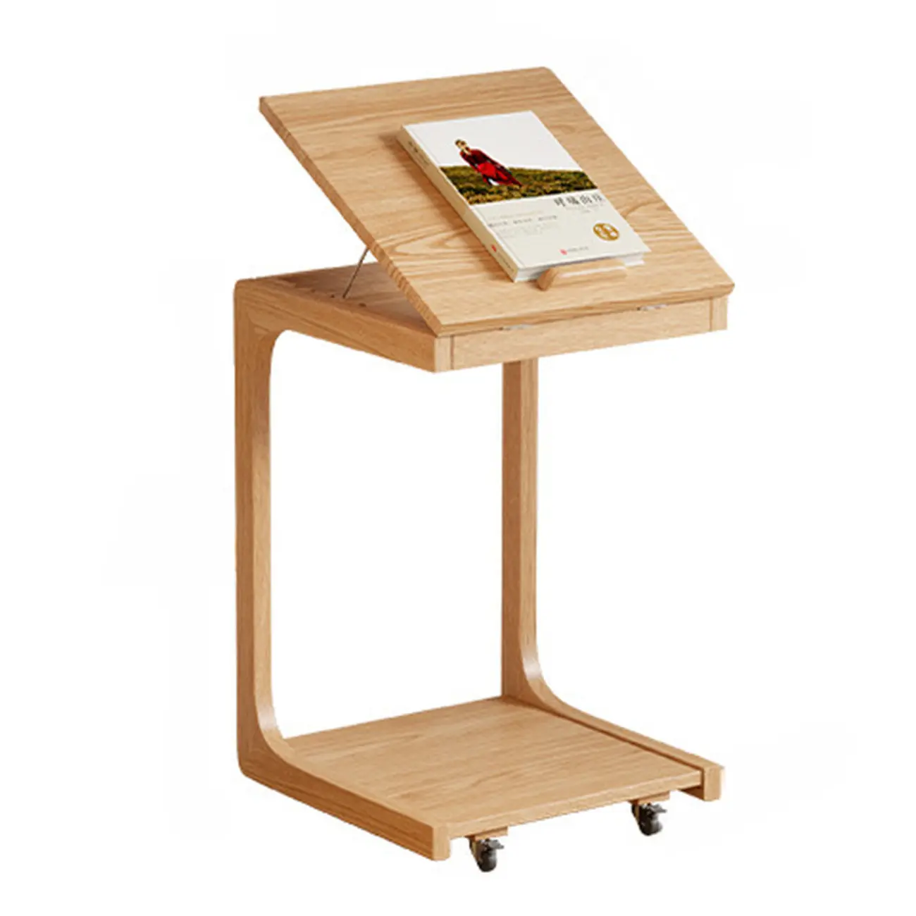 Adjustable Tabletop Wood C Shaped Side Table with Wheels