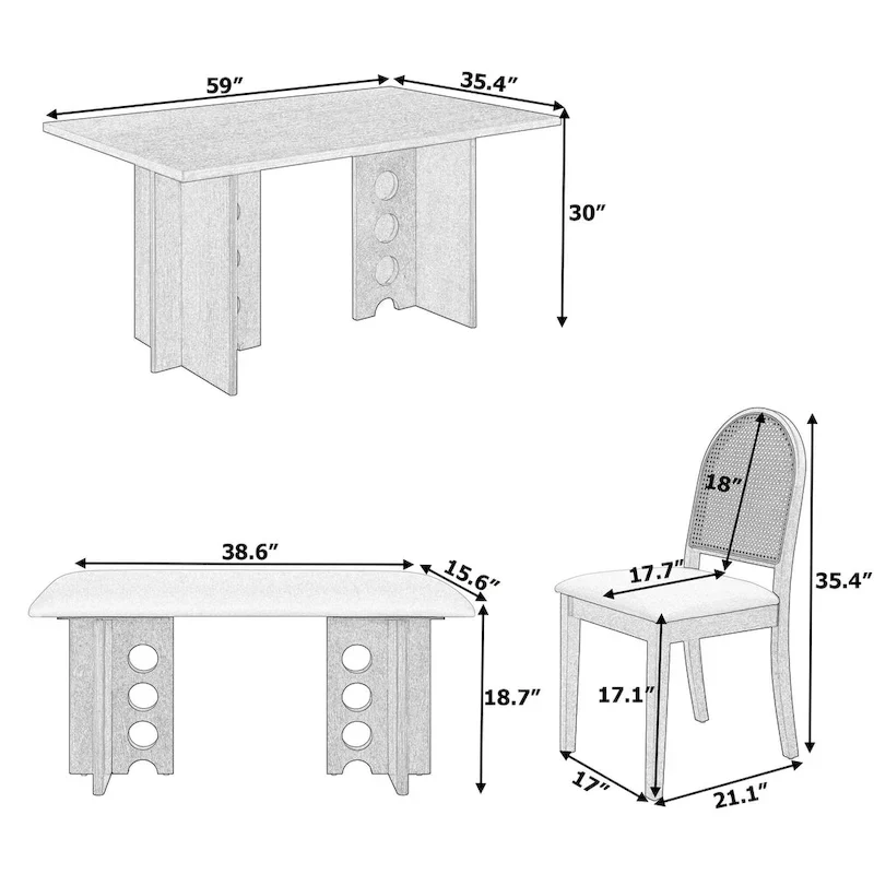 Modern Double Pedestal 6-Piece Dining Table Set with 4 Dining Chairs & 1 Bench
