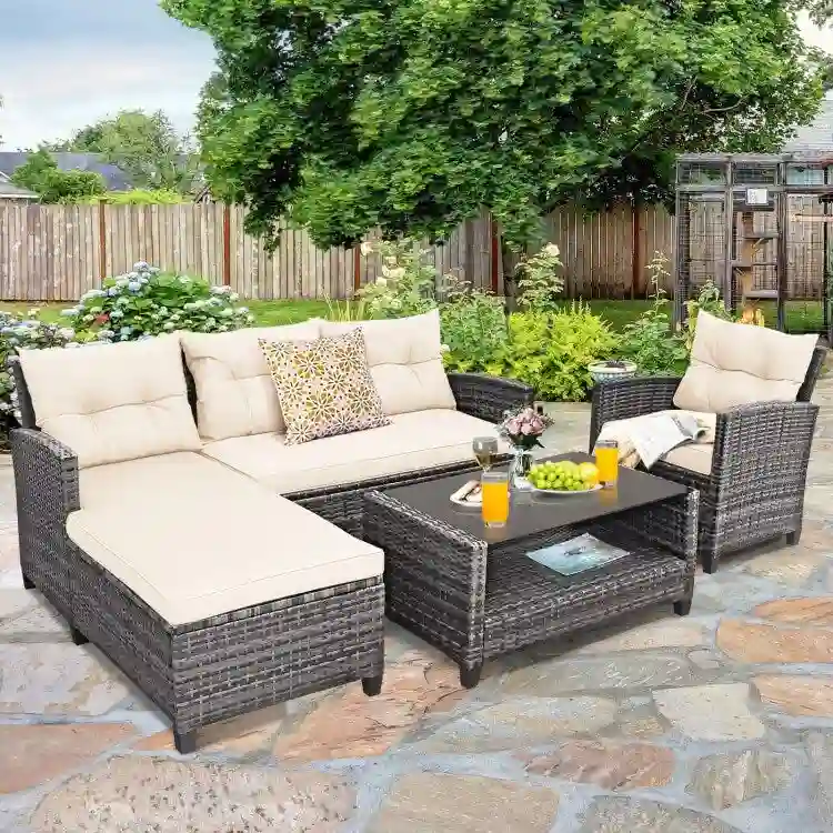 4 Pieces Patio Rattan Furniture Set with Cushion and Table Shelf - 27.5 x 47 x 30 (L x W x H)
