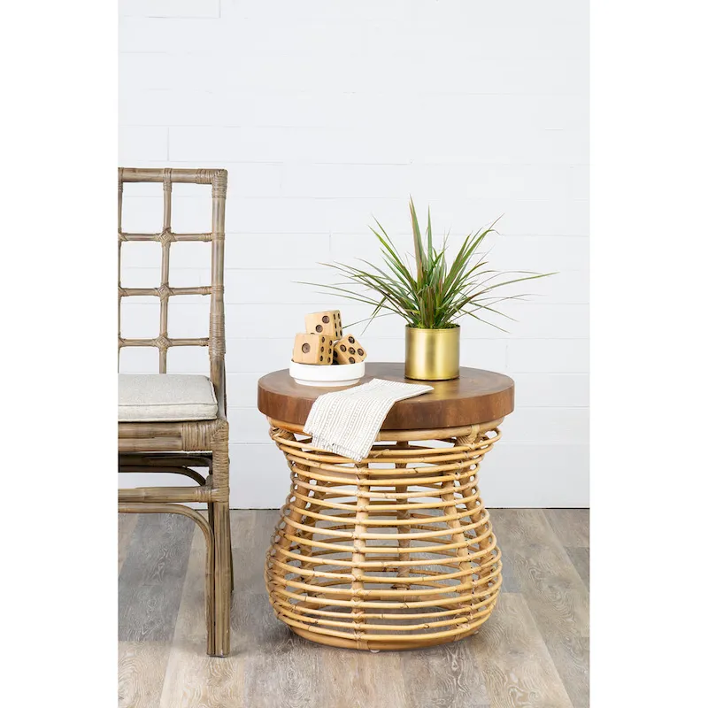 Rattan Cage Side Table With Solid Wood Top by East at Main
