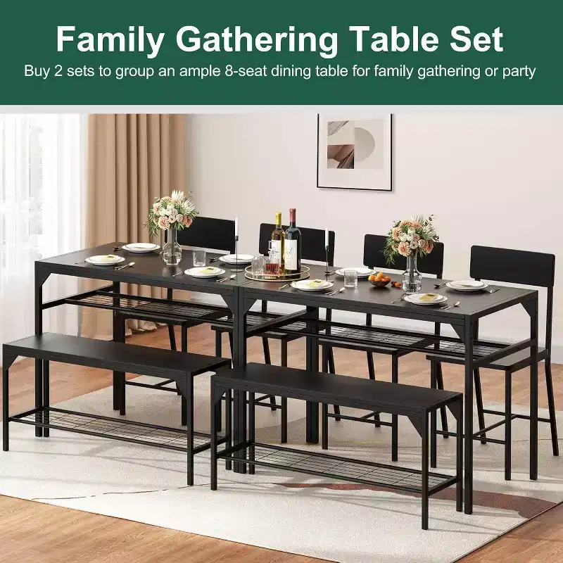 47 Modern Farmhouse Dining Table Set for 4, Includes Bench & Chairs, Metal Frame with Storage Shelf, Space-Saving Design for Kitchen, Dining Room