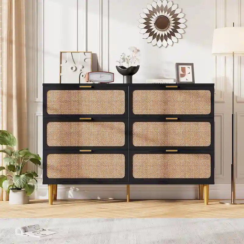 Rattan 6 Drawer Double Dressers for Bedroom