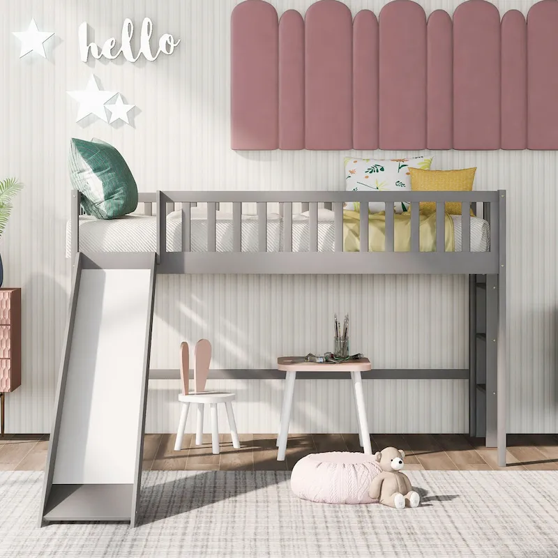 Gray Twin Size Wood Low Loft Bed with Ladder and Slide for Kids, Boys and Girls