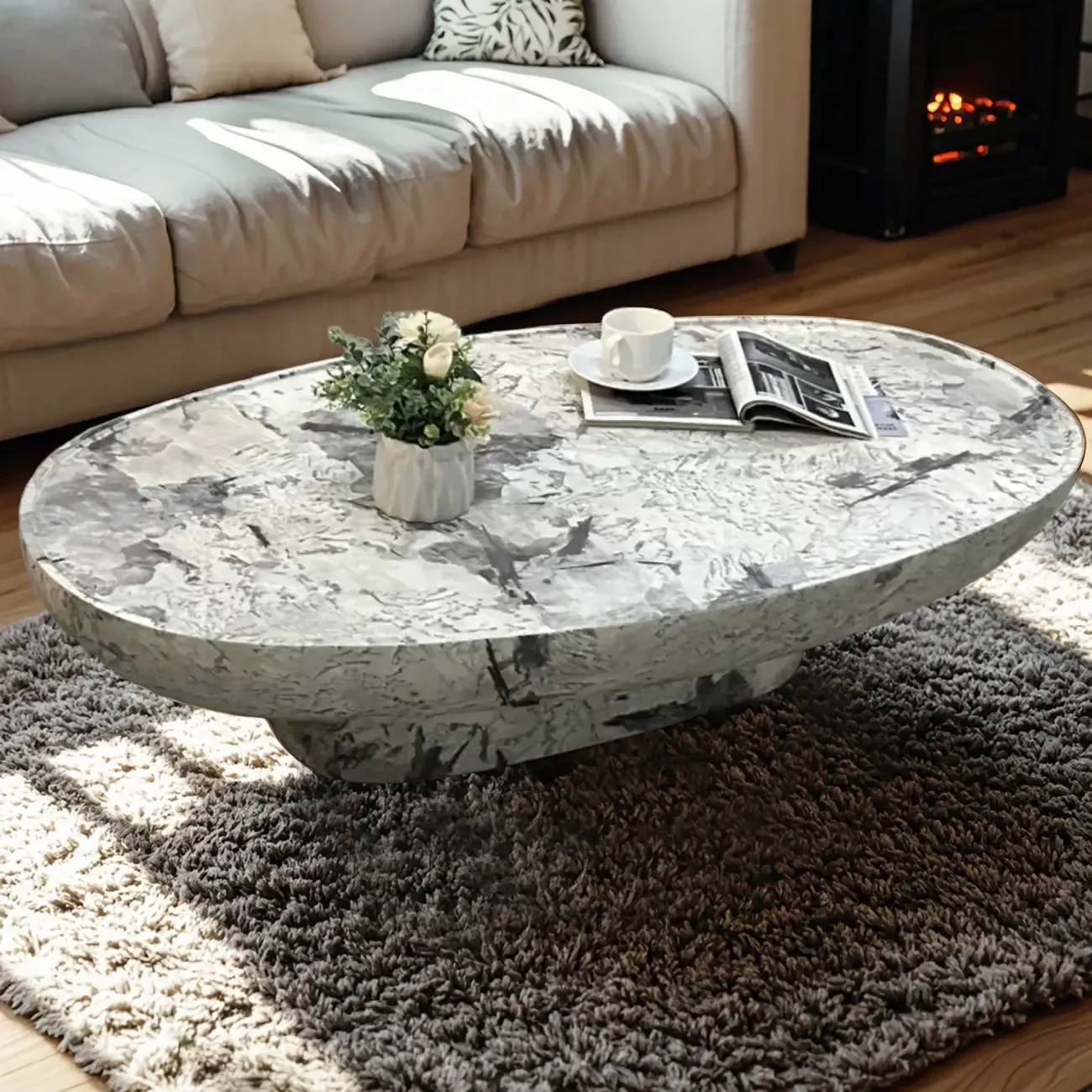 Modern Black Round Fiberglass Coffee Table with Tray Top