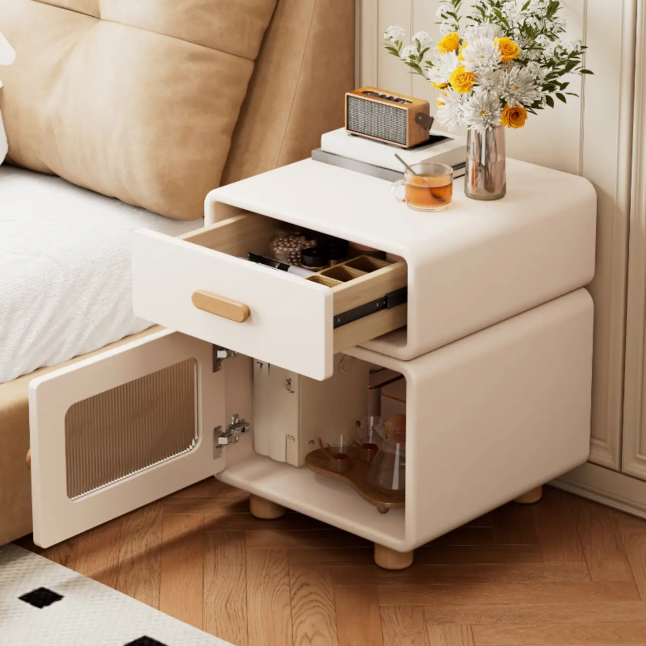 Durable Sleek Edge Wood Cream Bedside Cabinet Nightstand
