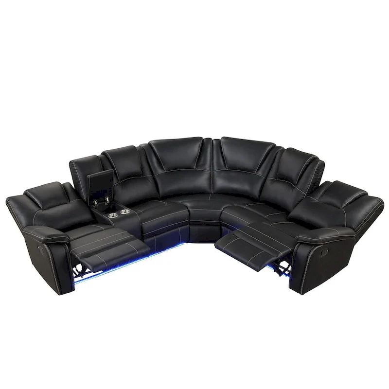 Modern Faux Leather Manual Reclining with Center Console with LED Light Strip,Living Room Furniture Set,PU Symmetrical Couch