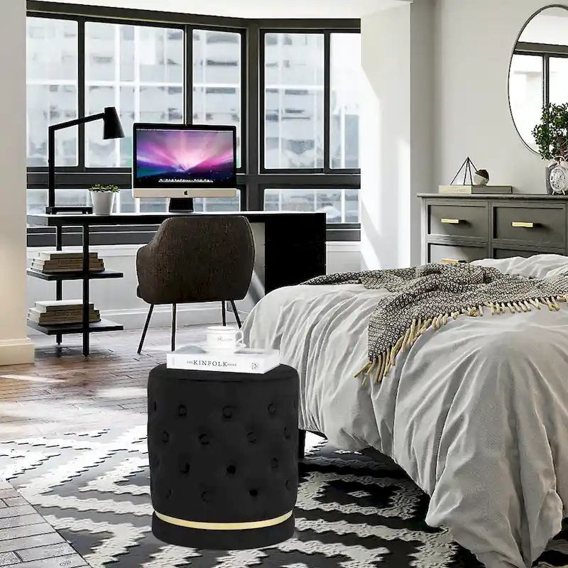 Adeco 18.3 Height Button Tufted Upholstered Round Ottoman