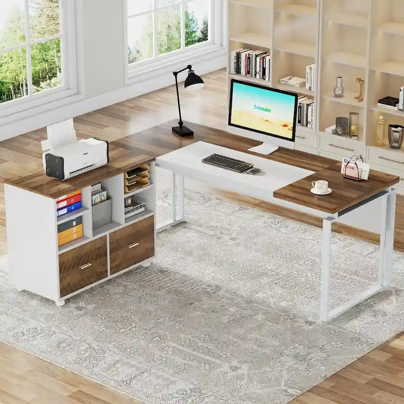 L-Shaped Executive Desk with File Cabinet