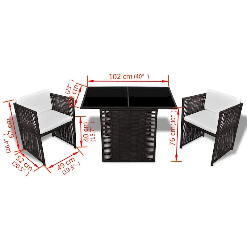 vidaXL Patio Bistro Set 3 Piece Garden Wicker Chair with Cushions Poly Rattan