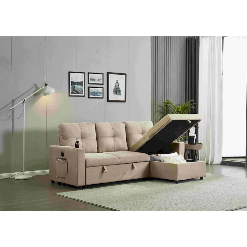 Linen Sectional Sofa Reversible Chaise with Pull out Sleeper