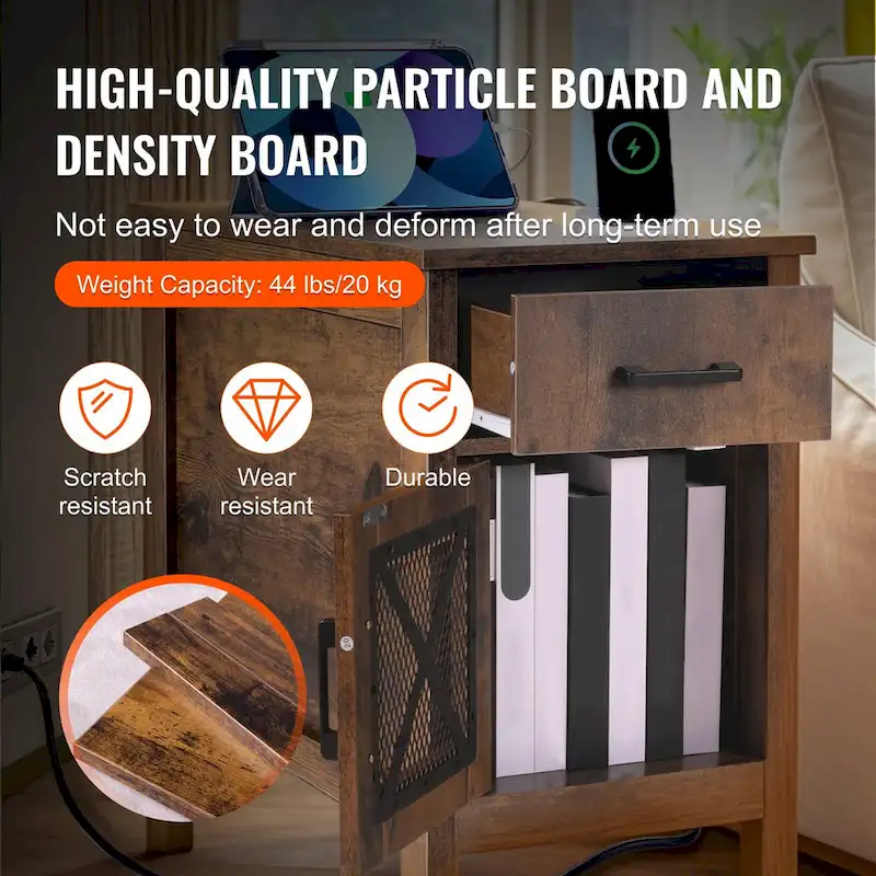 Natural Wood Particle Board End Table with Drawer and Power Strip - 23.98 L x 14.02 W x 24.02 H