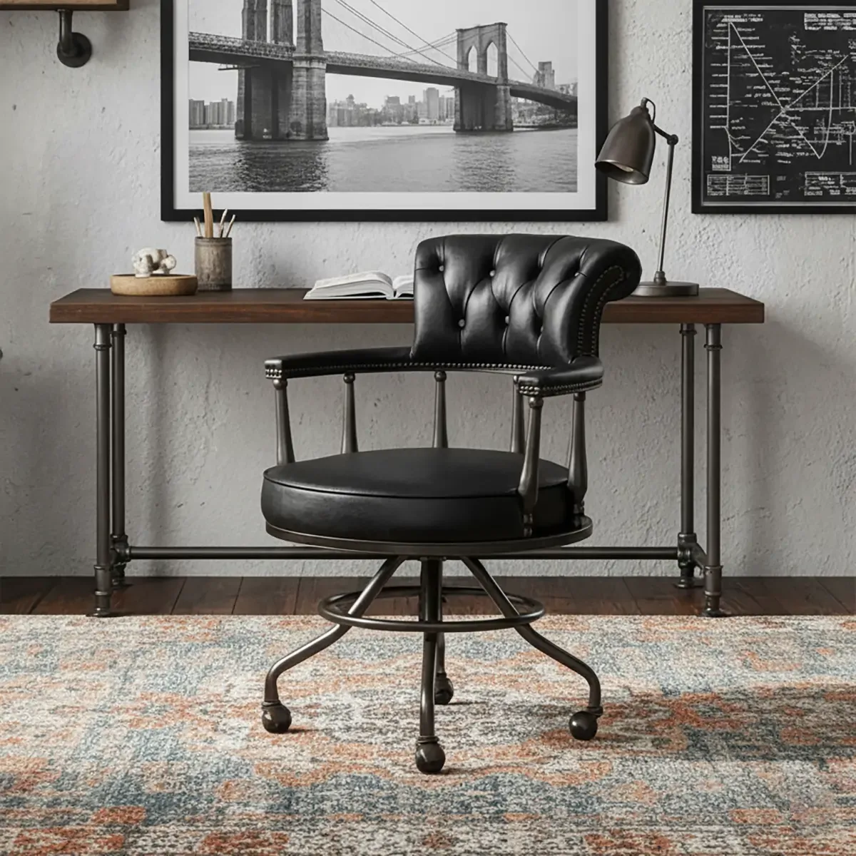 Black Chesterfield Office Chair in Antique Leather