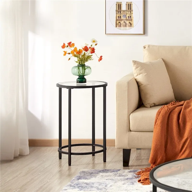 Yaheetech Round Accent Table Bedside Table with Metal Frame Glass Top