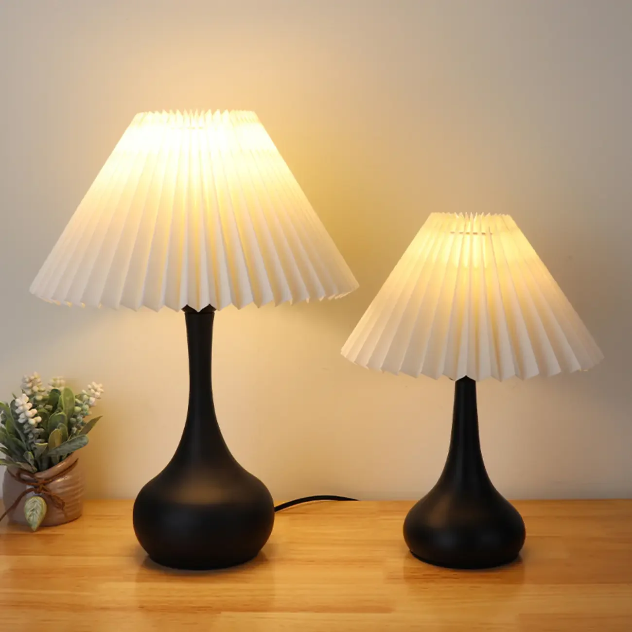 Modern Simple Black LED Table Lamp in Pleated Fabric Shade