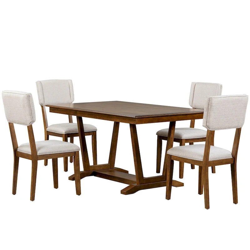Rustic 5-Piece Dining Set - Solid Wood Table with Trestle Base, 59-inch Rectangular Dining Table and 4 Upholstered Chairs
