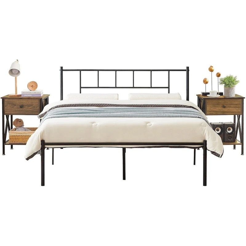 VECELO 3-Pieces Bed Frame with Wood Headboard and Modern Nightstands Set of 2