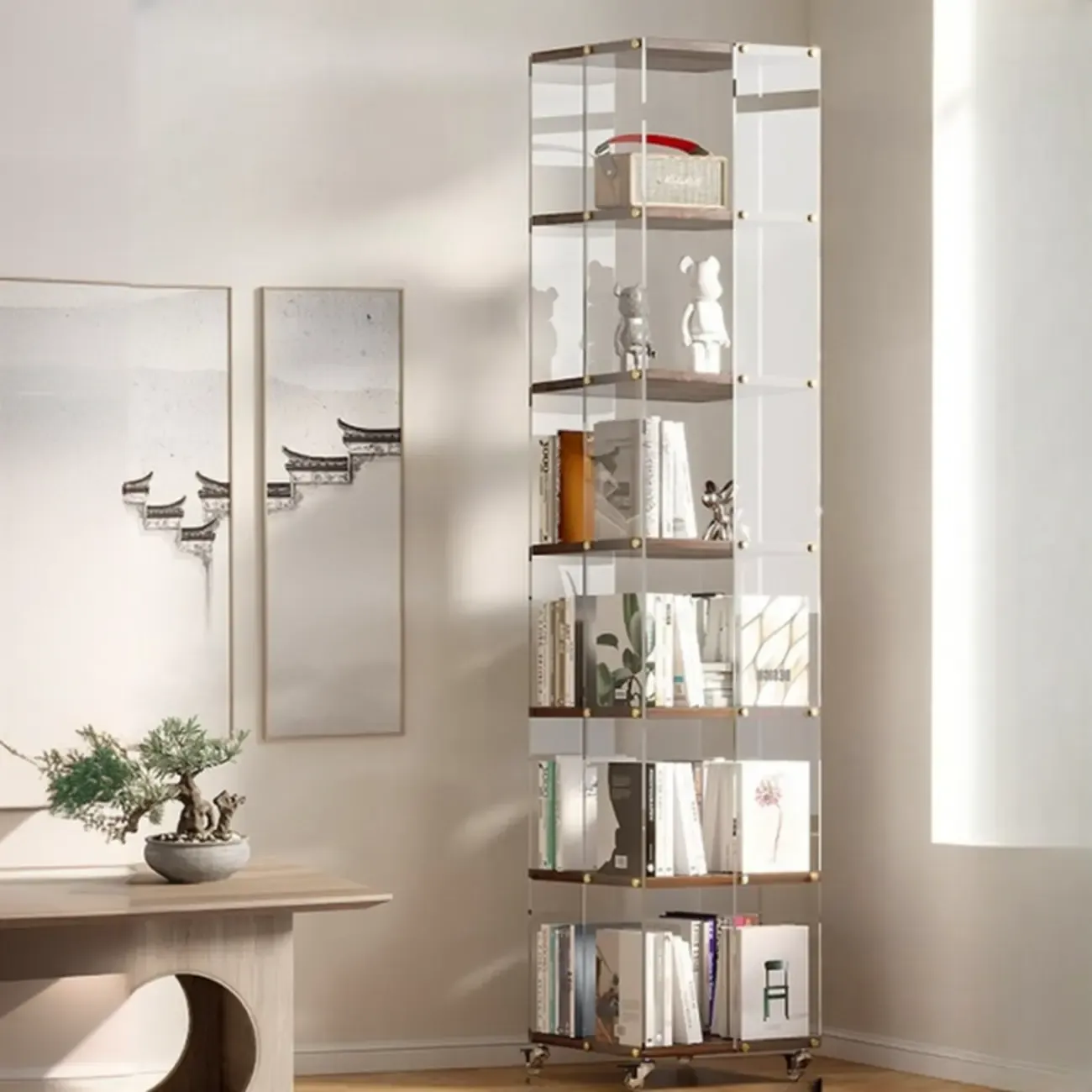 Art Deco Square Timber Shelf Glass Panel Swivel Chest