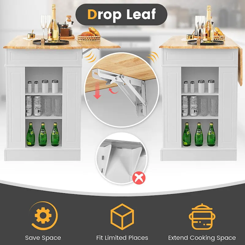 Gymax Large Kitchen Island Drop Leaf Breakfast Bar w/ Wood Top Shelves