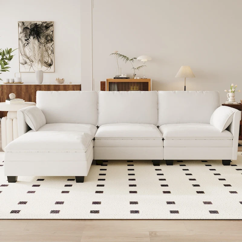 Christopher Knight Home - Noah Large 3-Seater L-Shaped Sofa with Movable Ottoman and Armrest Pockets, Fabric Upholstery