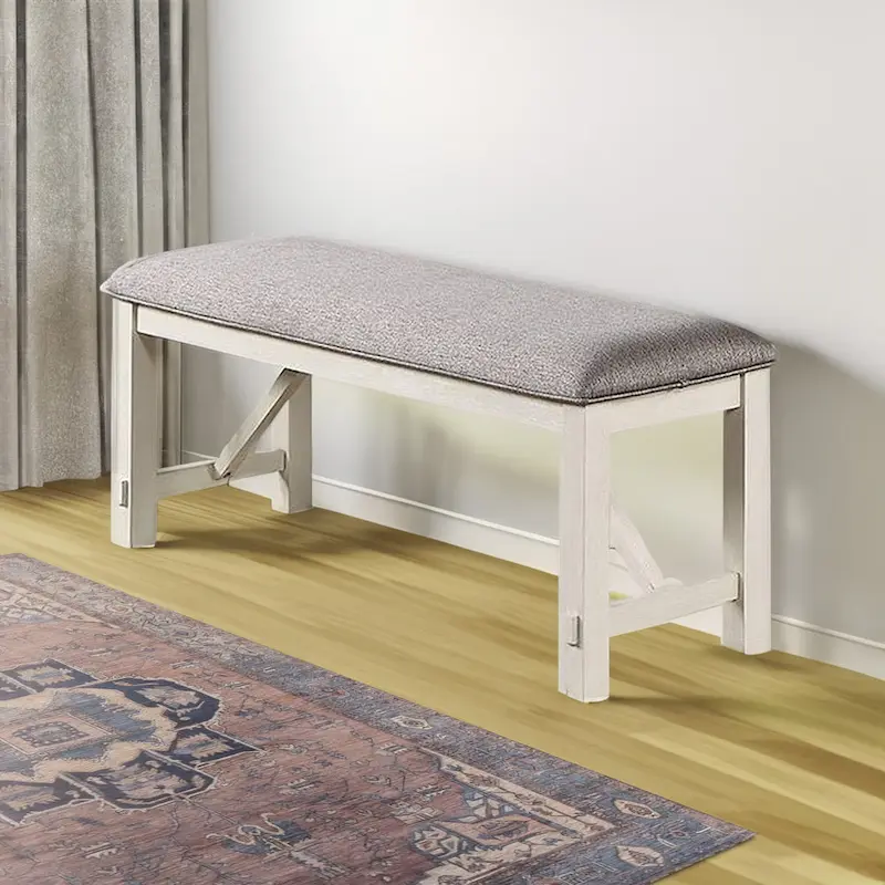 Lexi 50 Inch Dining Bench, Fabric Padded Seat, Rubberwood, Gray and White